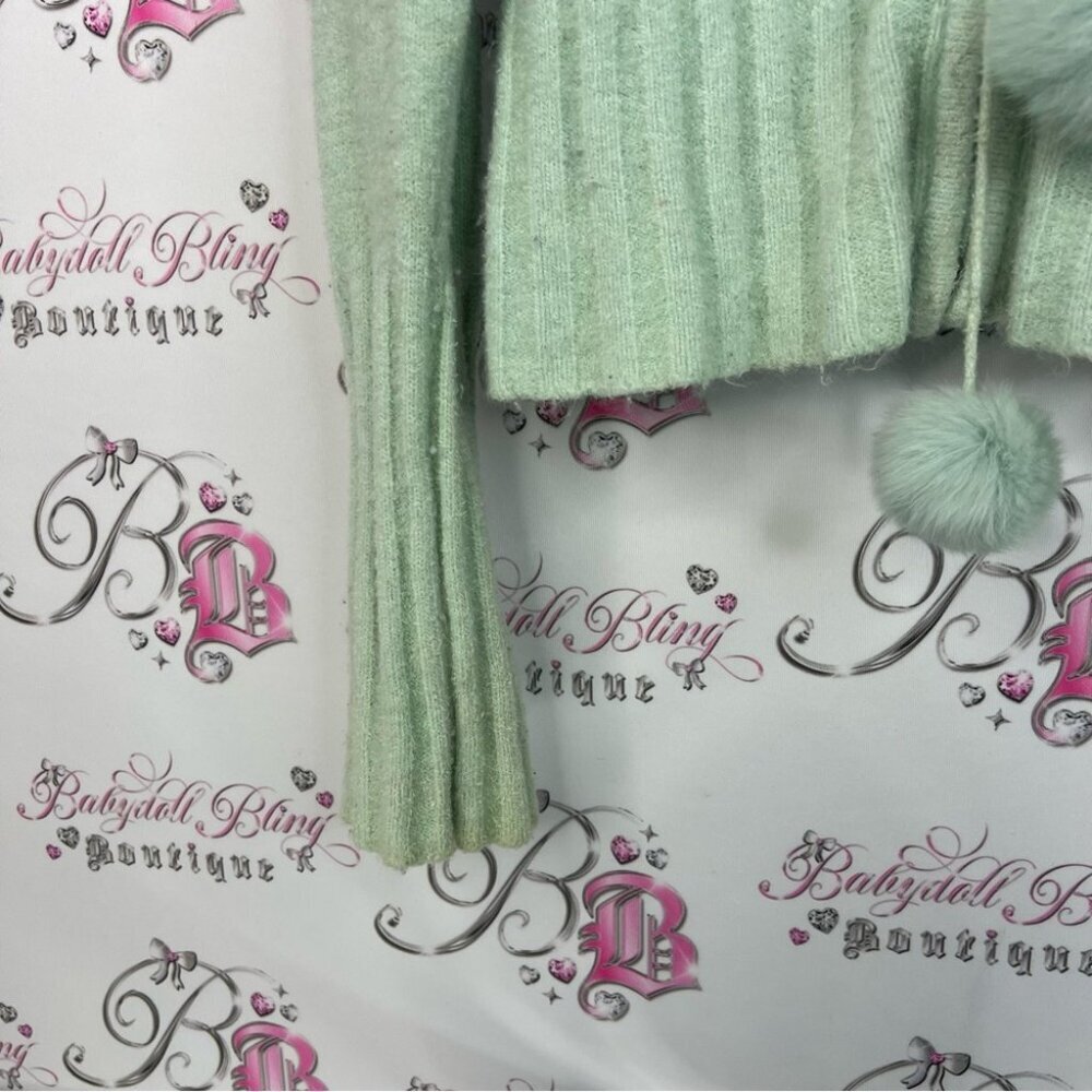 Bebe angora rabbit fur sweater hoodie Light Green Ribbed Sweater with Pom-Poms - Picture 3 of 9
